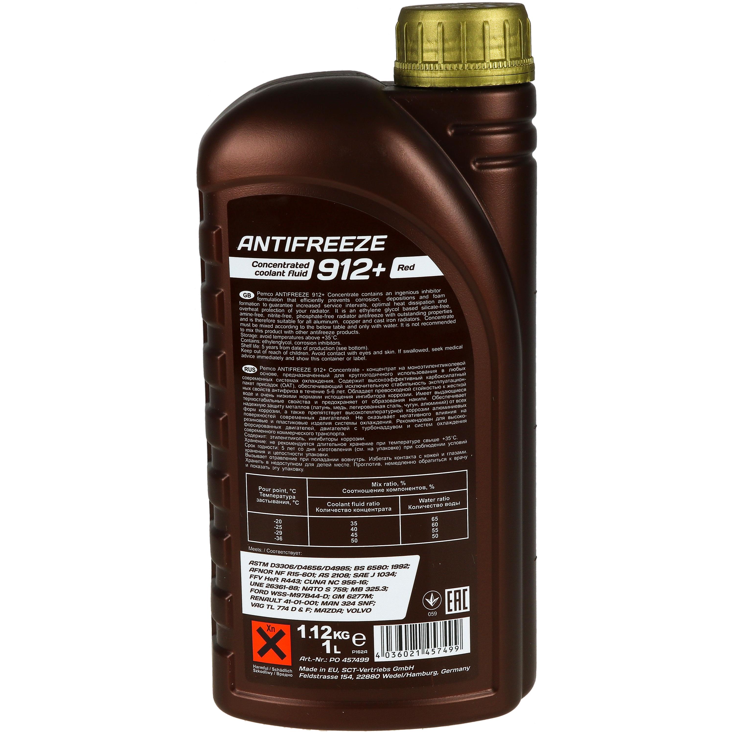 1 Liter PEMCO Frostschutz ANTIFREEZE 912+ Konzentrat  Kühlflüssigkeiten rot
