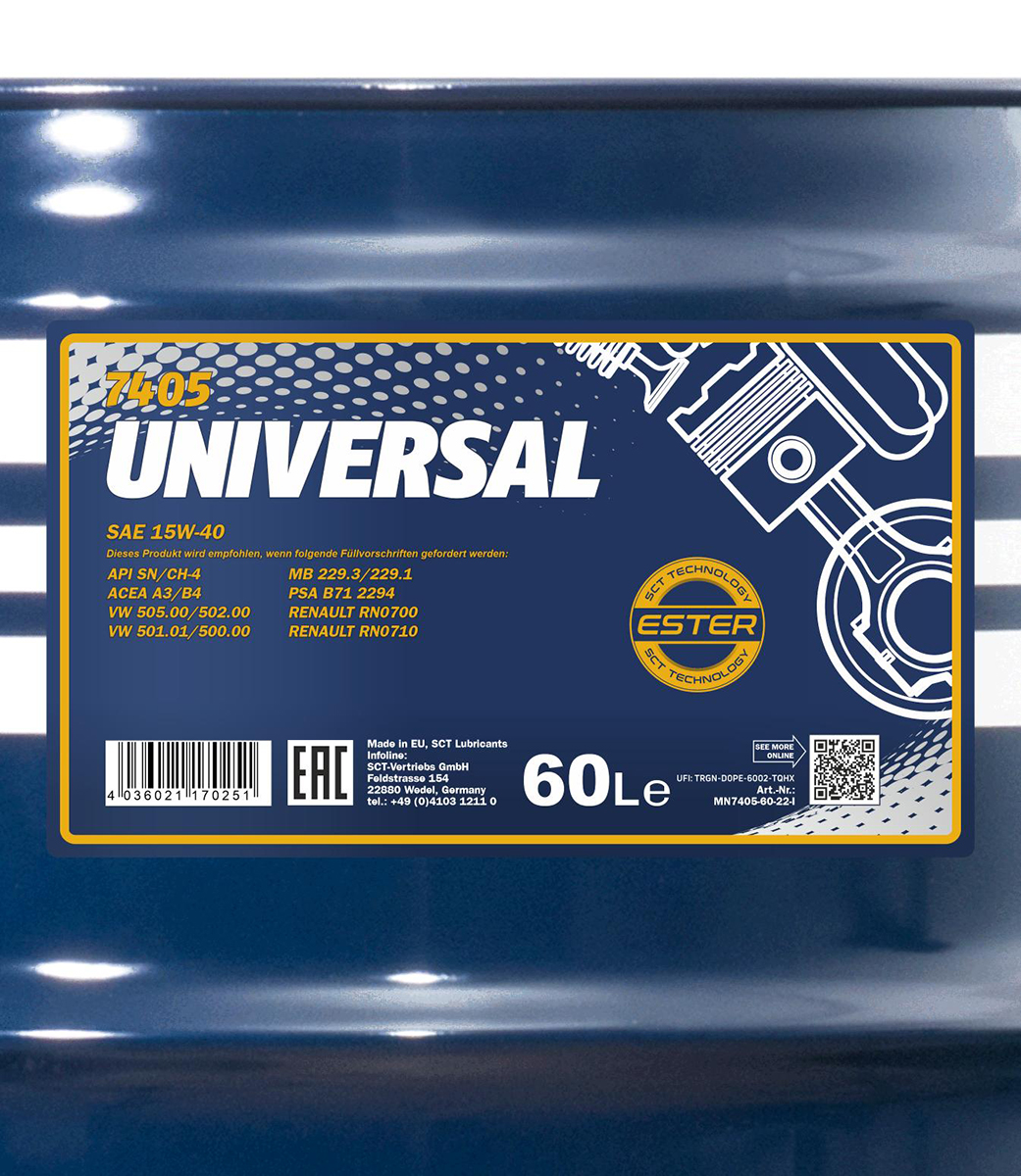60 Liter MANNOL Universal 15W-40 Motoröl API SN/CH-4