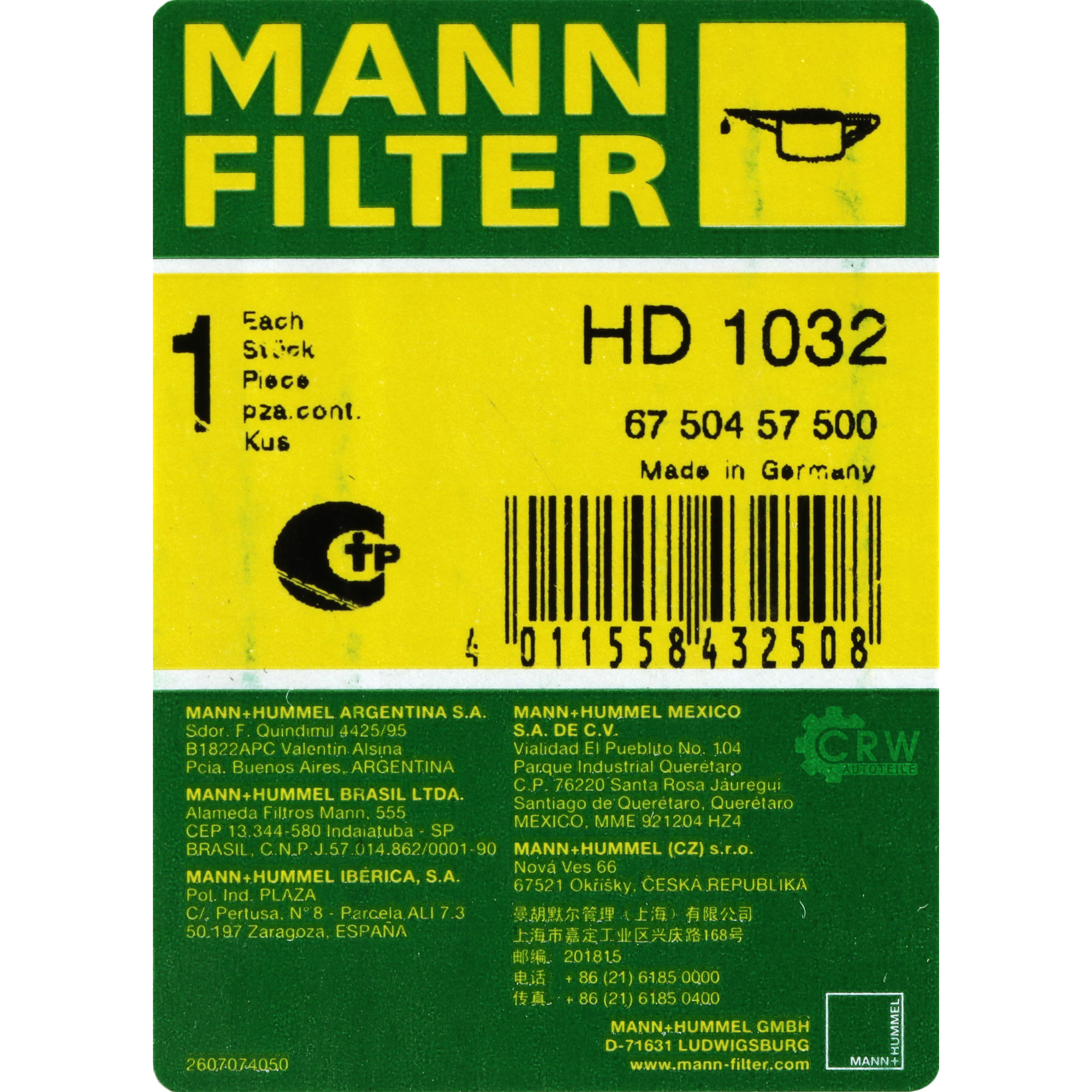 MANN-FILTER Filter für Arbeitshydraulik HD 1032 Ölfilter Oil
