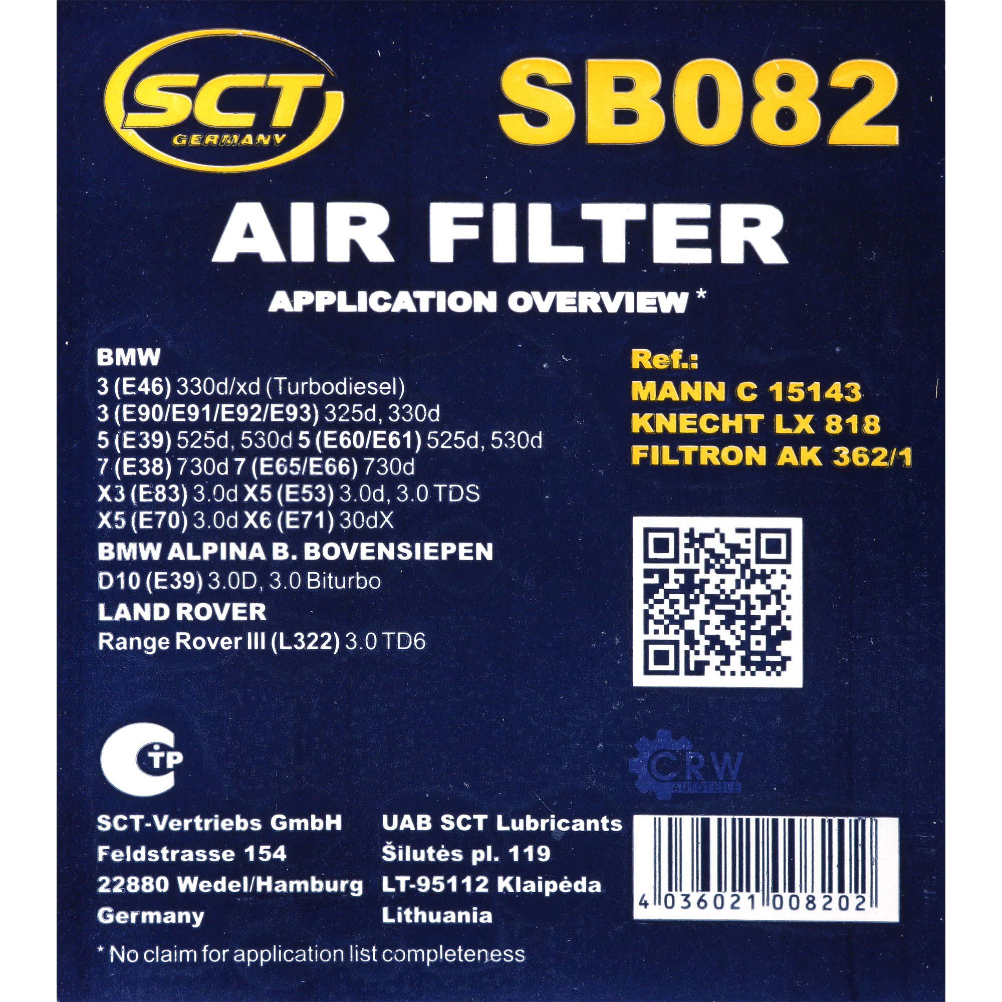 SCT Luftfilter Motorluftfilter SB 082 Air Filter