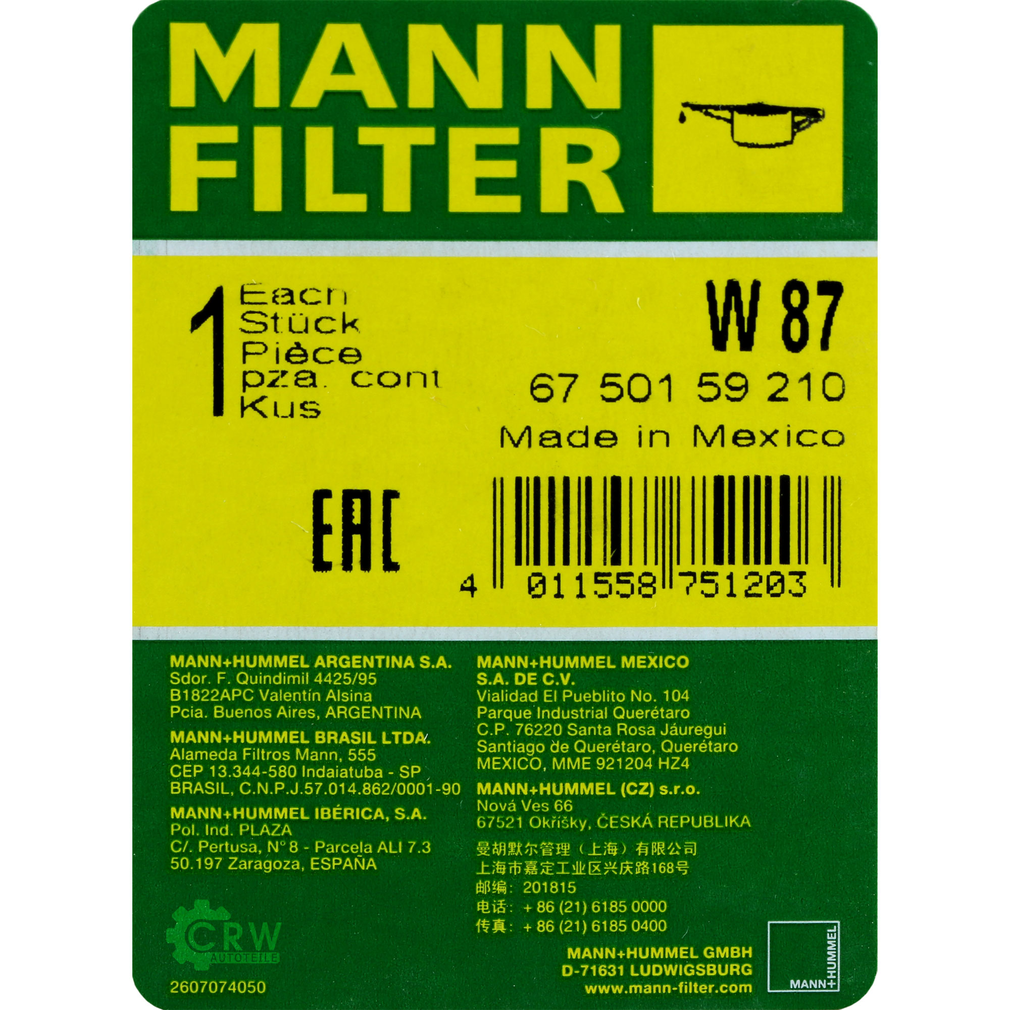 MANN-FILTER Ölfilter W 87 Oil Filter