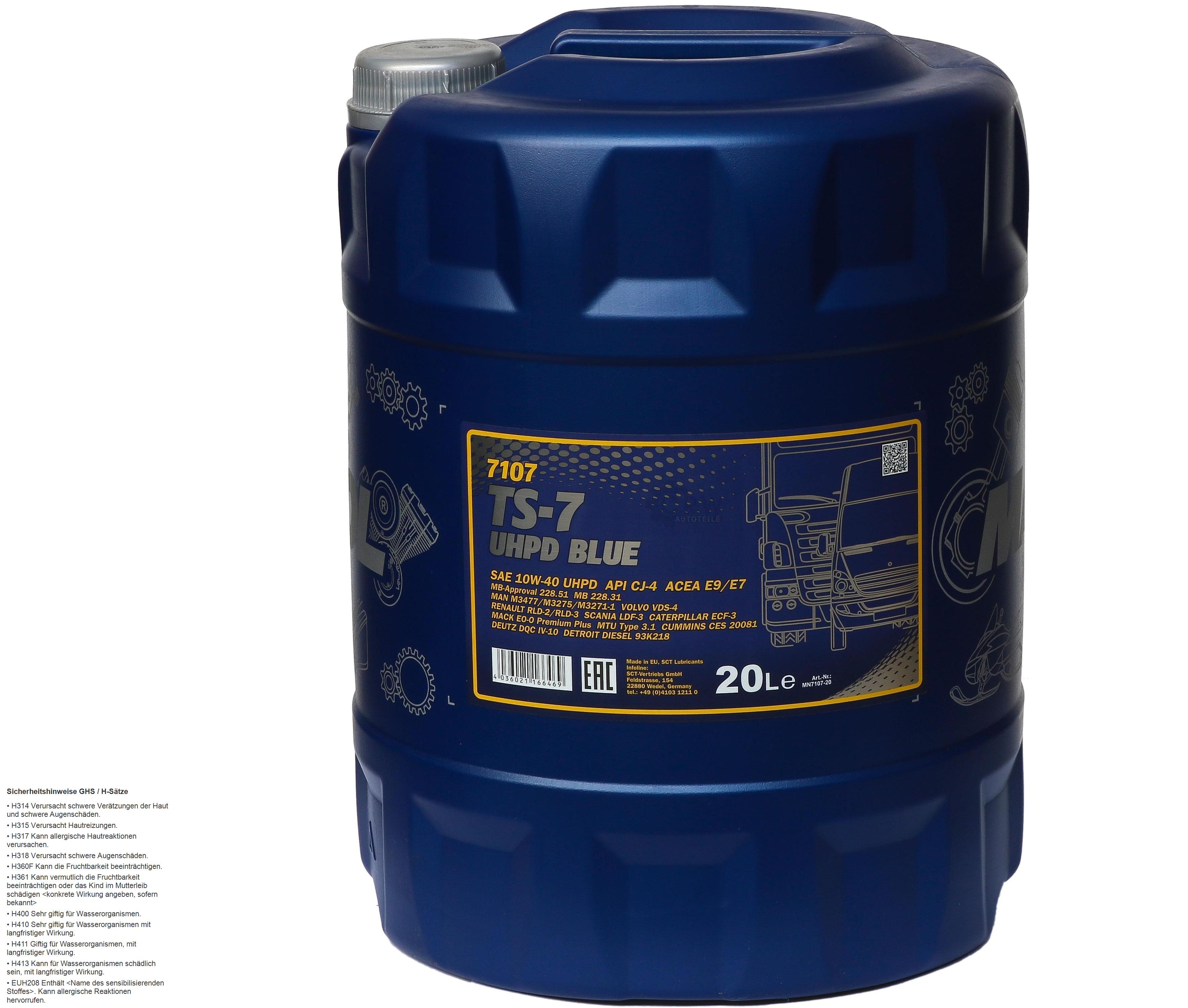 20 Liter MANNOL TS-7 UHPD Blue 10W-40 API CJ-4 Motoröl synthetisch Engine Oil