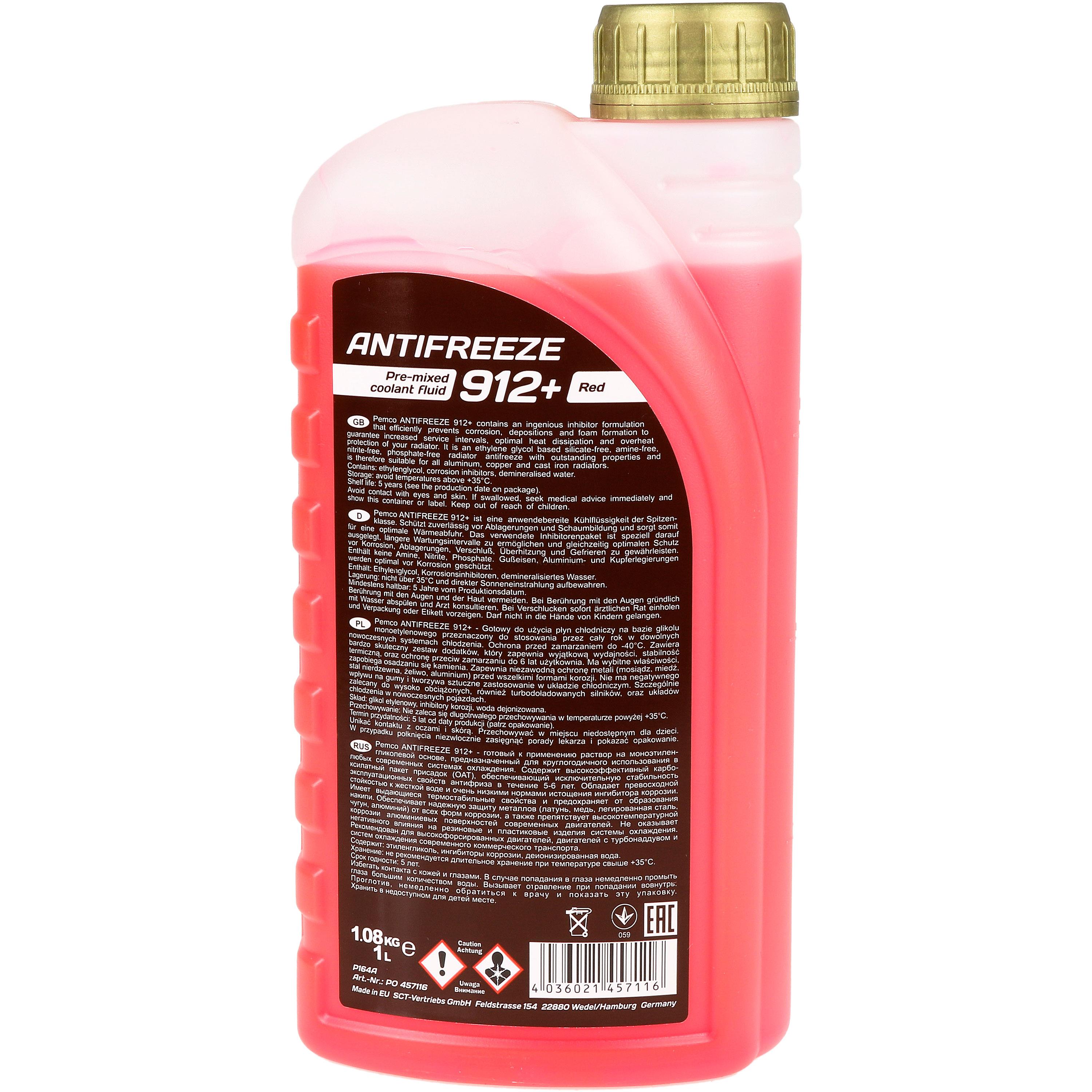 1 Liter PEMCO Kühlerfrostschutz Antifreeze 912+ rot red KÜHLMITTEL -40°C G12+