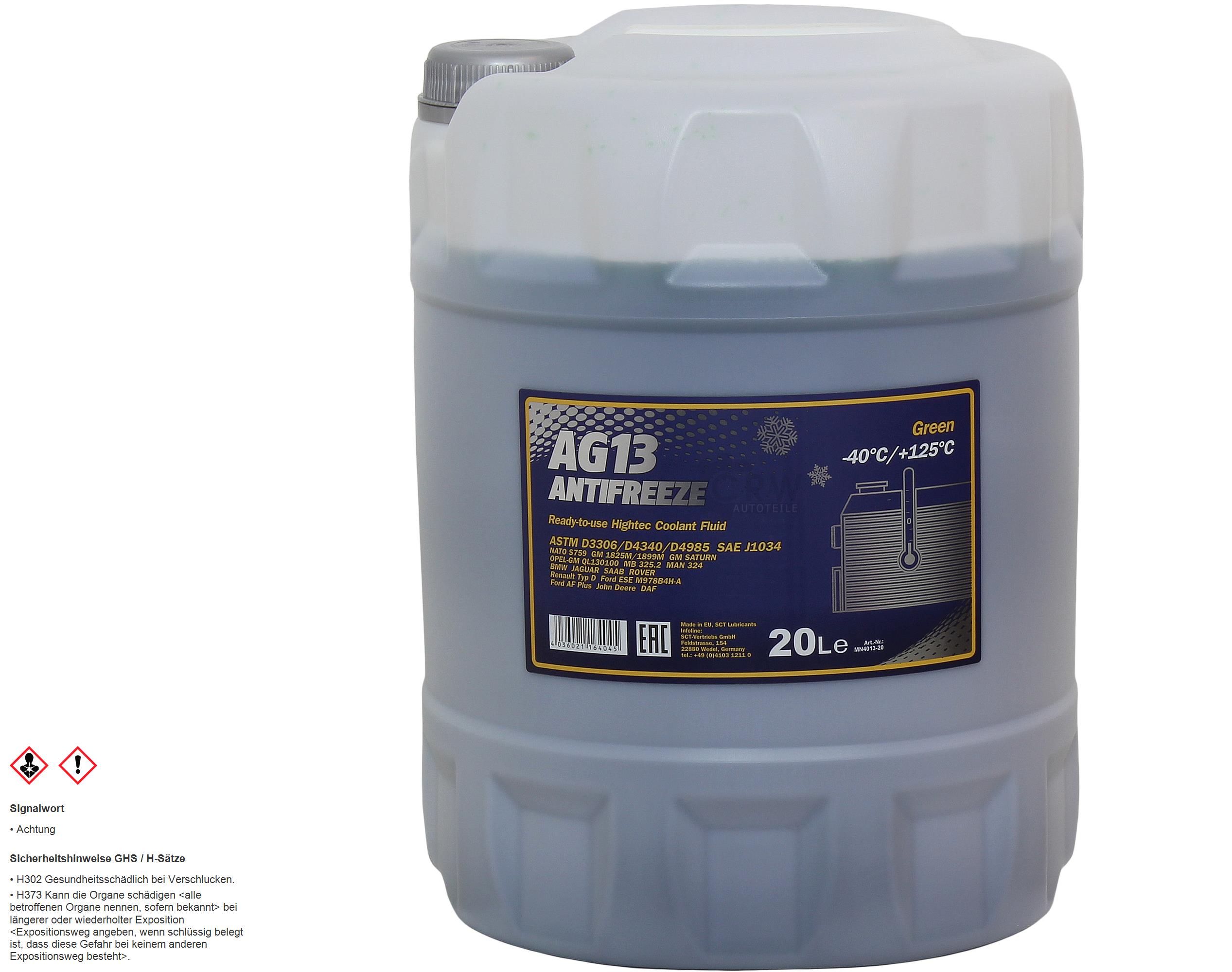 20 Liter MANNOL Kühlerfrostschutz Hightec Antifreeze AG13 -40°C grün G13