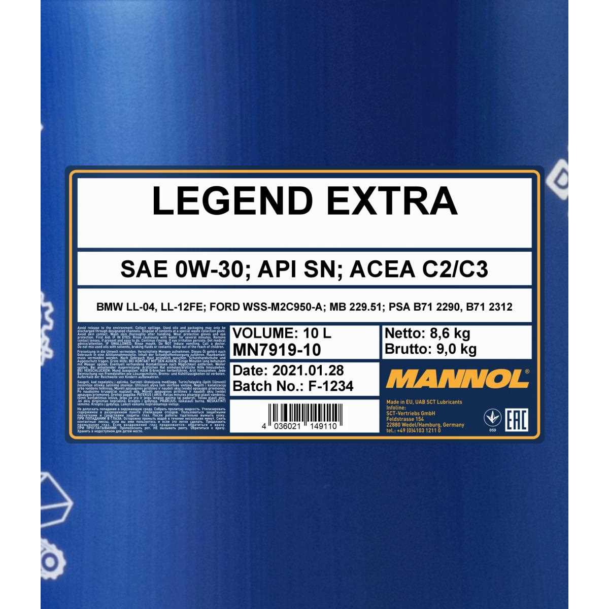 10 Liter MANNOL Legend Extra 7919 0W-30 Motoröl Engine Oil API SN ACEA C3