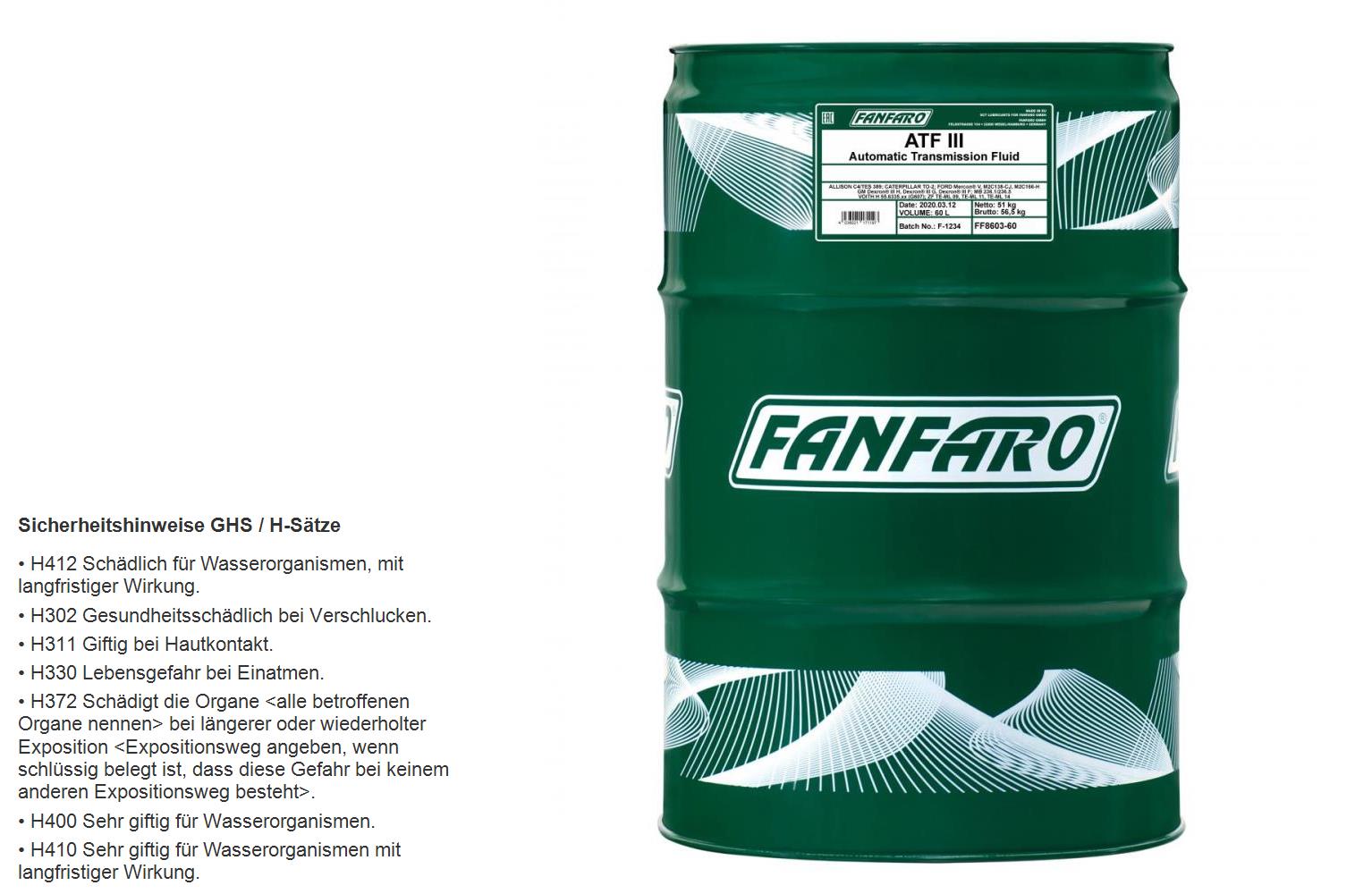 60 Liter  FANFARO Automatikgetriebeöl ATF III Gear Oil Öl