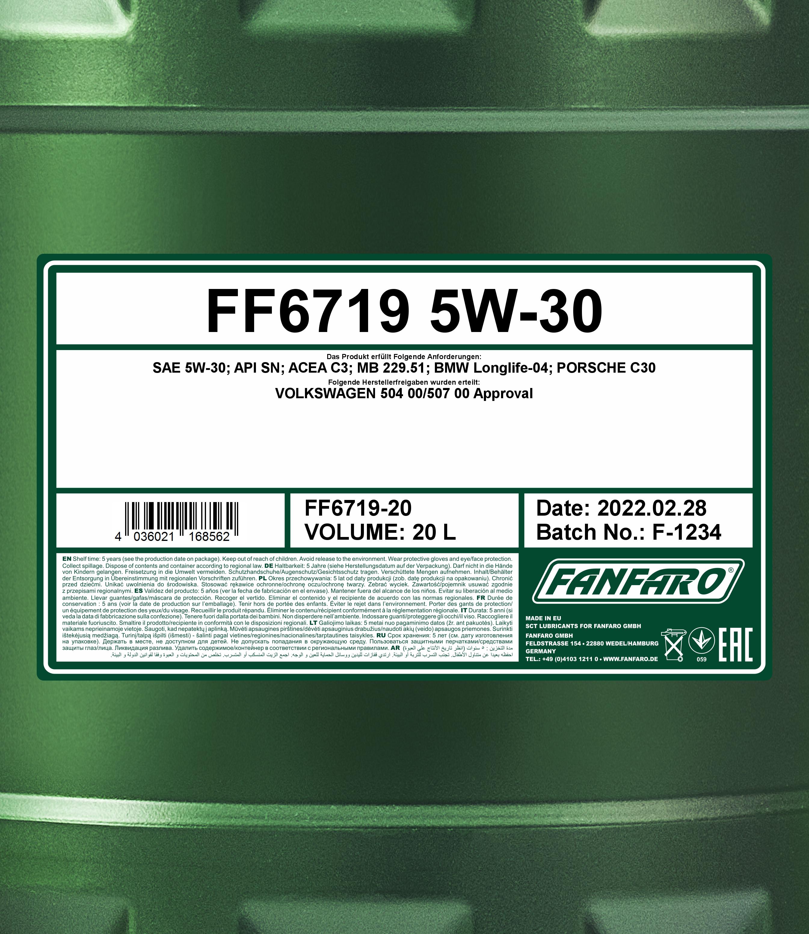 Premium-Motorenöl Fanfaro OEM FF6719 20l Freigabe nach Norm VW 504.00/507.00
