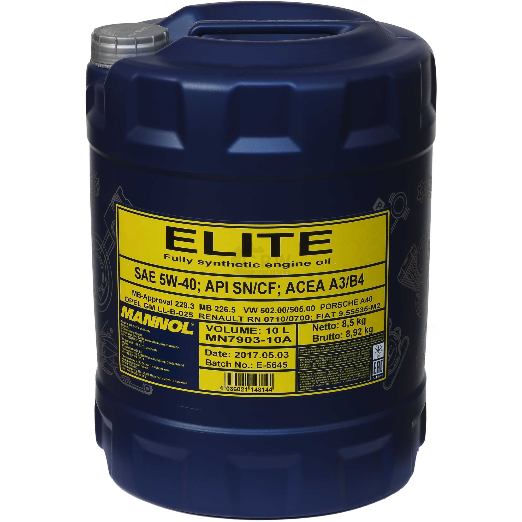 10 Liter Orignal MANNOL Elite 5W-40 API SN/CF Motoröl Engine Oil Öl