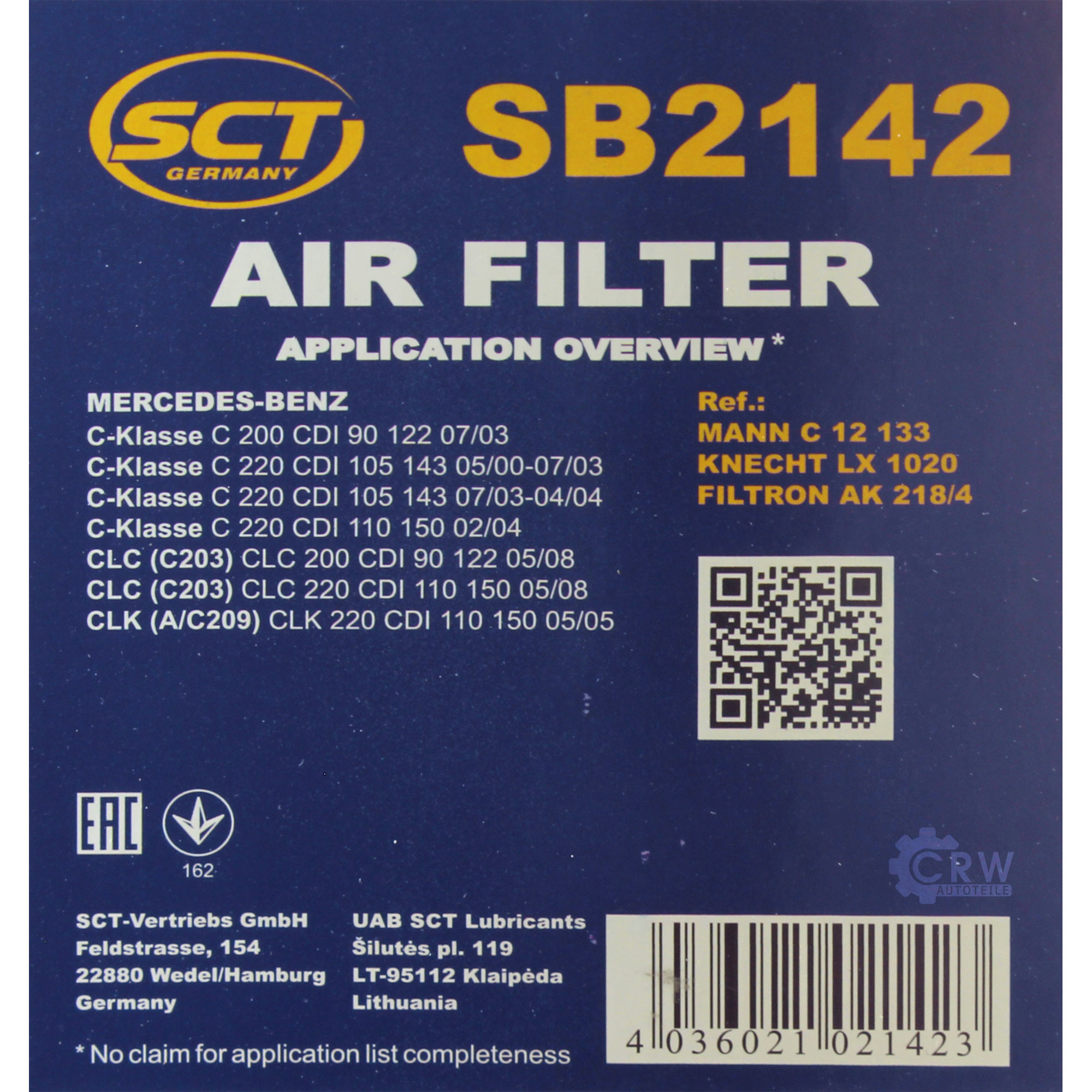 Luftfilter für Mercedes-Benz C-Klasse T-Model S204 S203 W204 W203