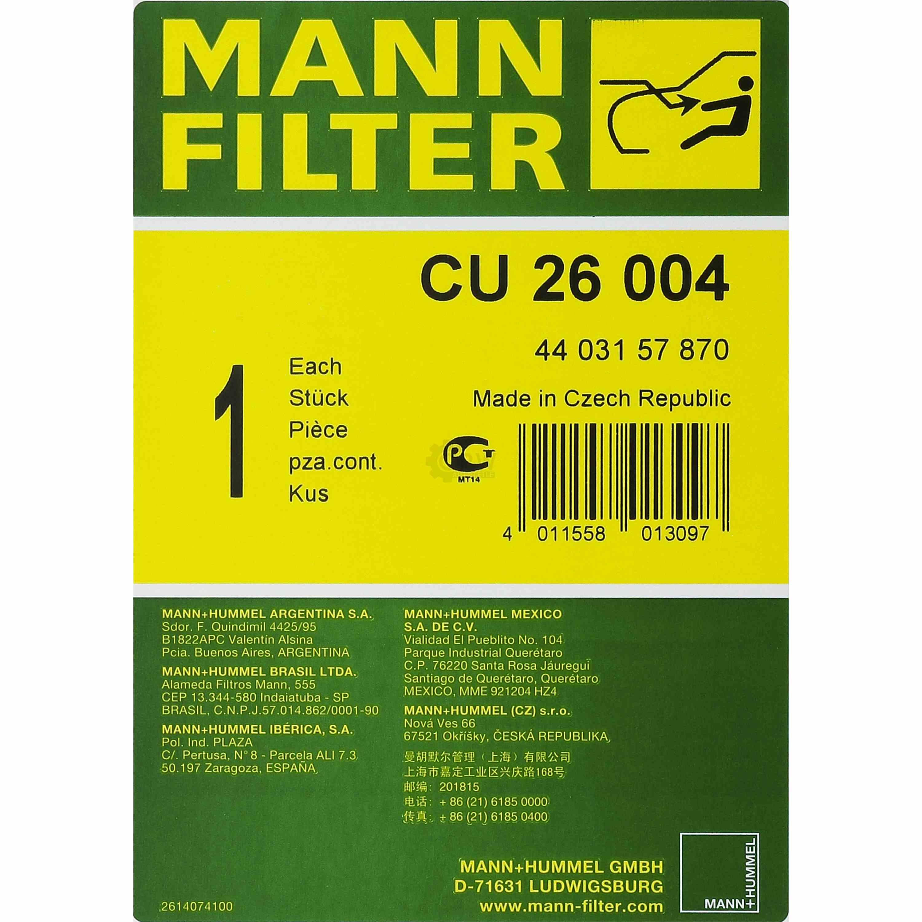 MANN-FILTER Innenraumfilter Pollenfilter CU 26 004