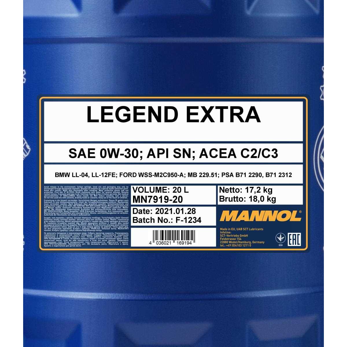 20 Liter MANNOL Legend Extra 7919 0W-30 Motoröl Engine Oil API SN ACEA C3