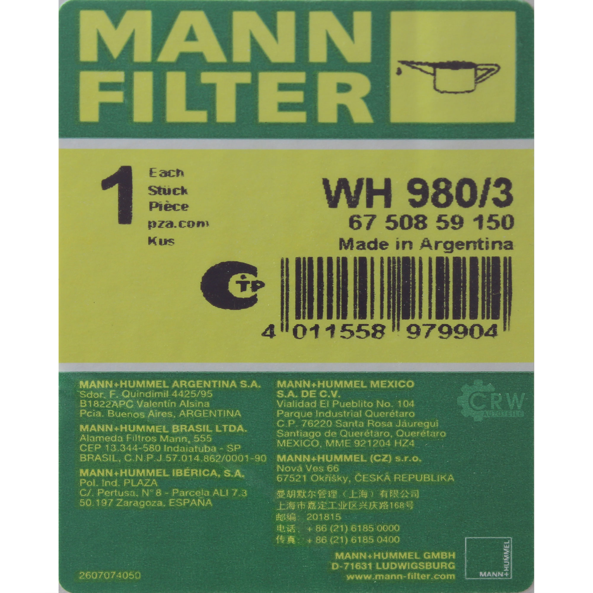 MANN-FILTER Ölfilter Oelfilter WH 980/3 Oil Filter