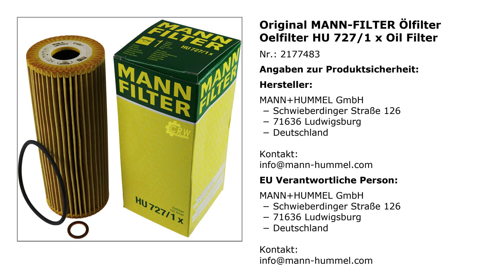 MANN-FILTER HU 727/1 x Ölfilter für Mercedes-Benz C-Klasse W202 W203 SLK R170 R129 W210 Ssangyong Rexton GAB_ Kyron FJ QJ
