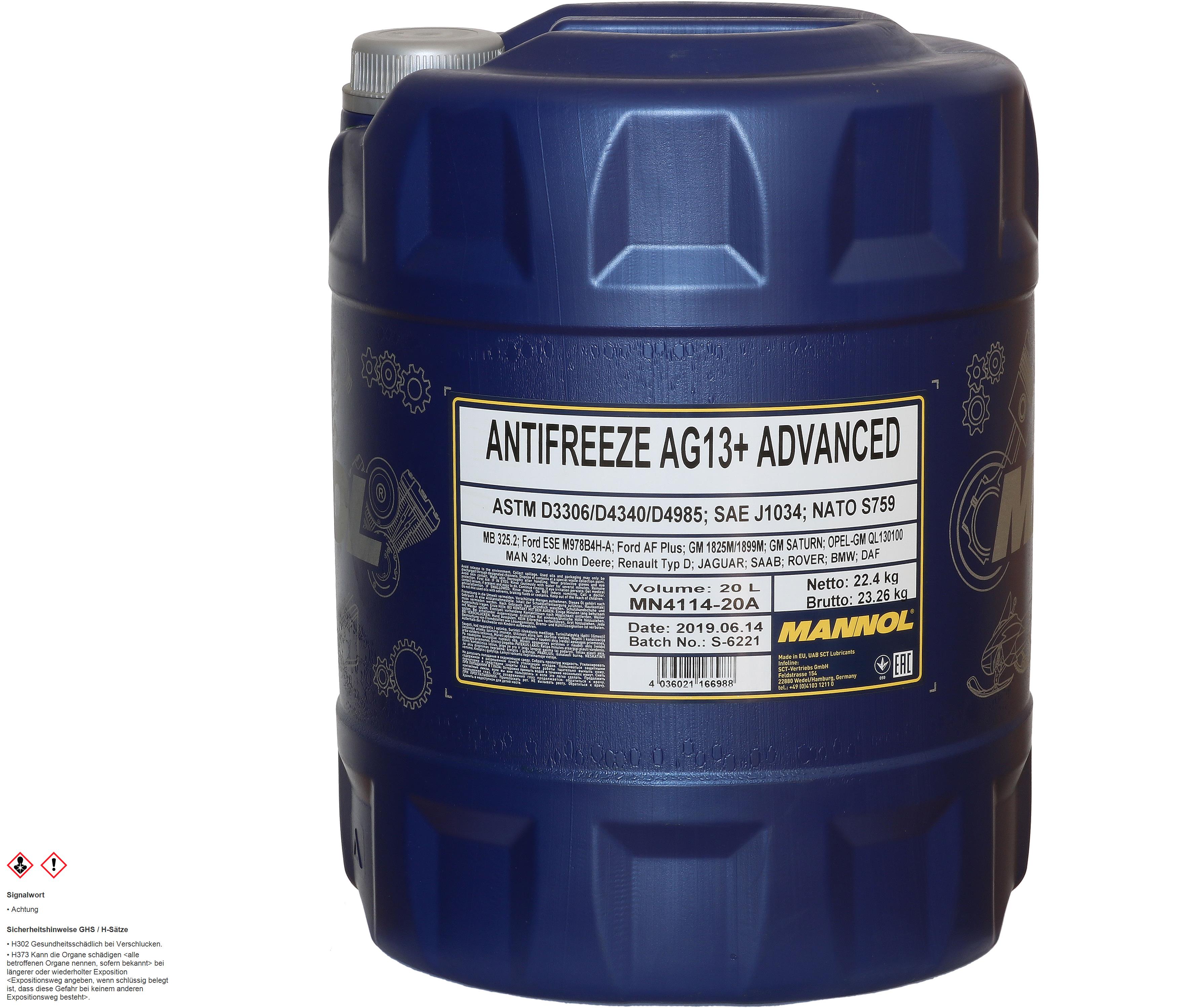 20 Liter MANNOL Kühlerfrostschutz Antifreeze AG13+ Advanced gelb Konzentrat G13+