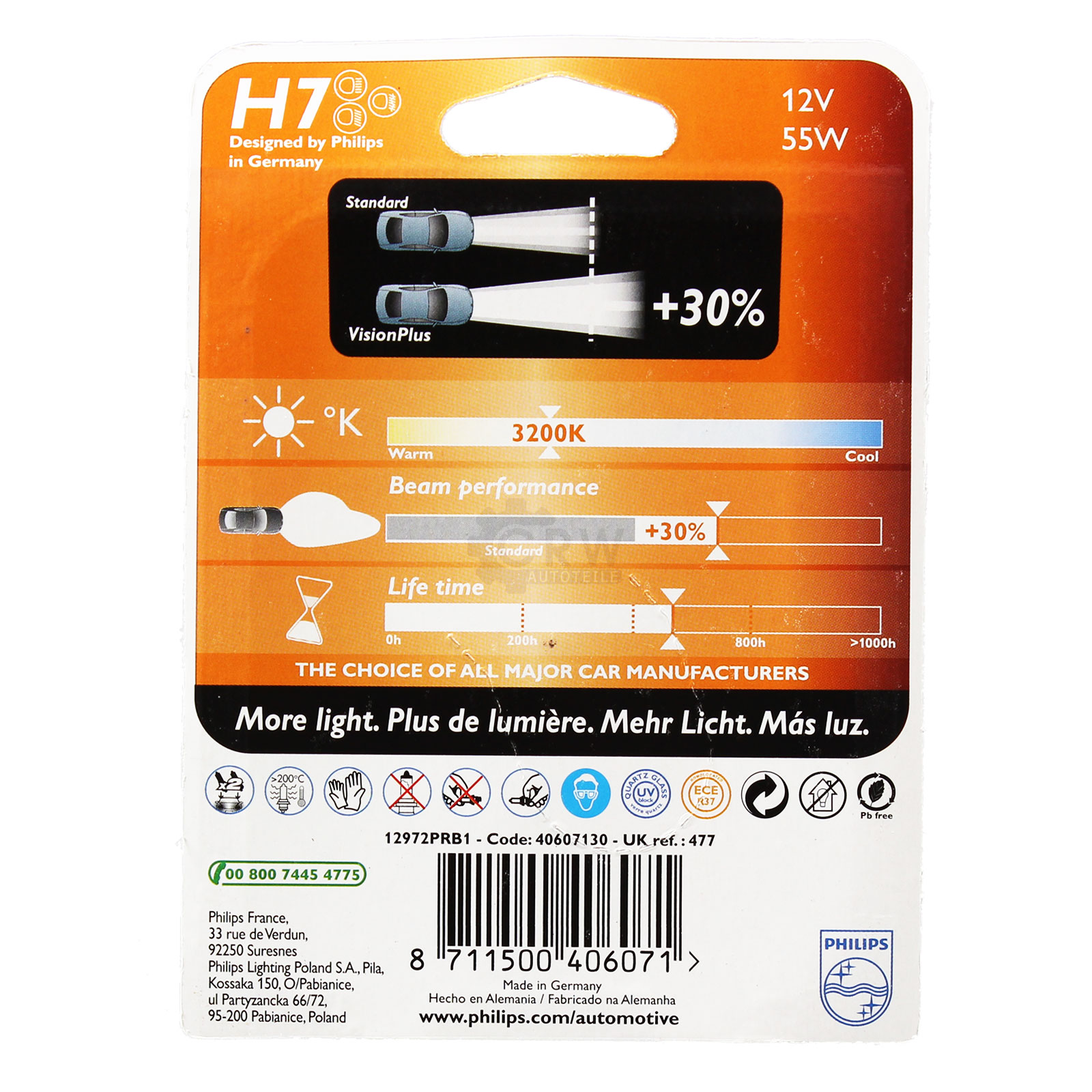 Philips H7 Vision 12V 55W Sockel PX26d 30% mehr Licht Neu