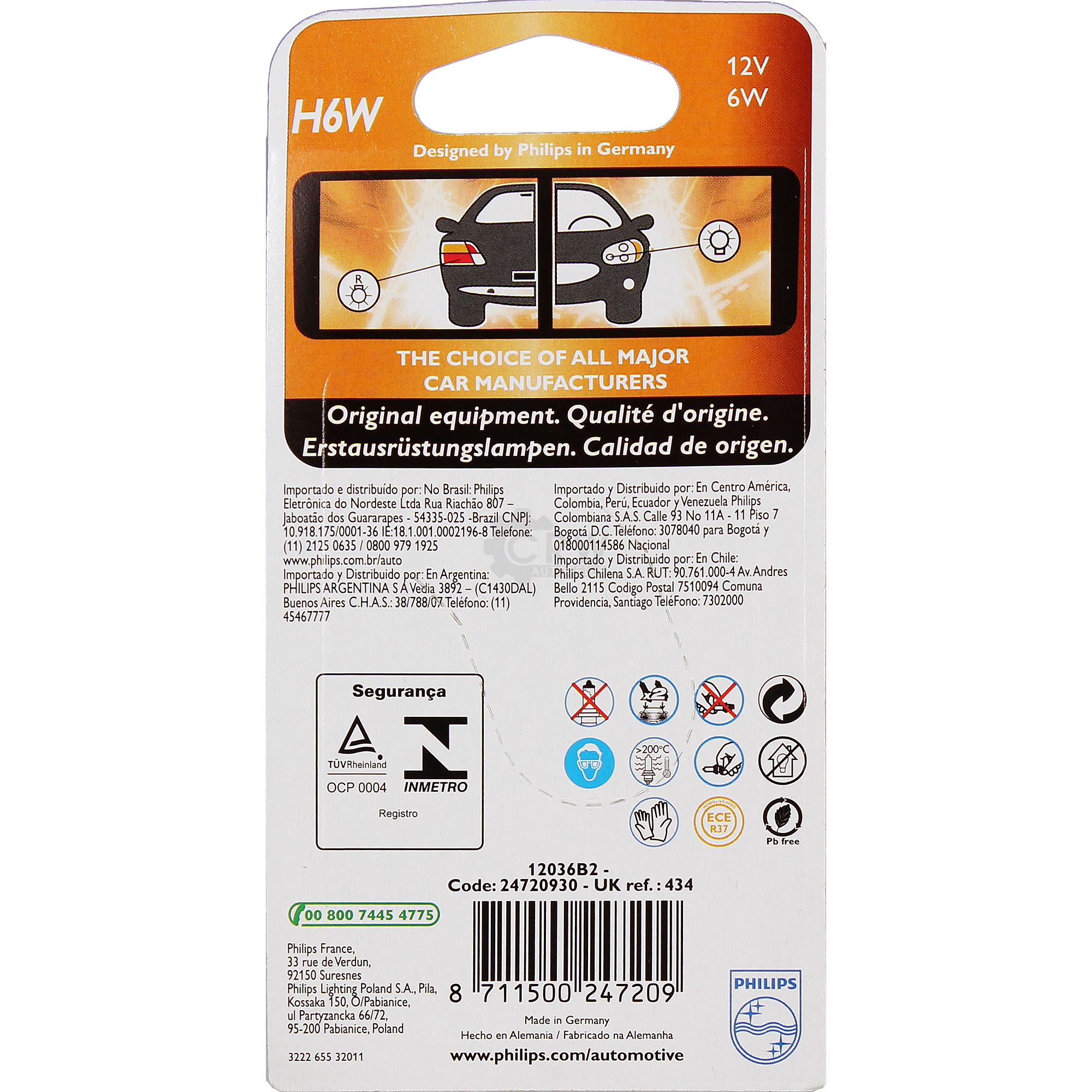 PHILIPS Set 2 Stück Lampen H6W 12V 6W BAX9s Premium