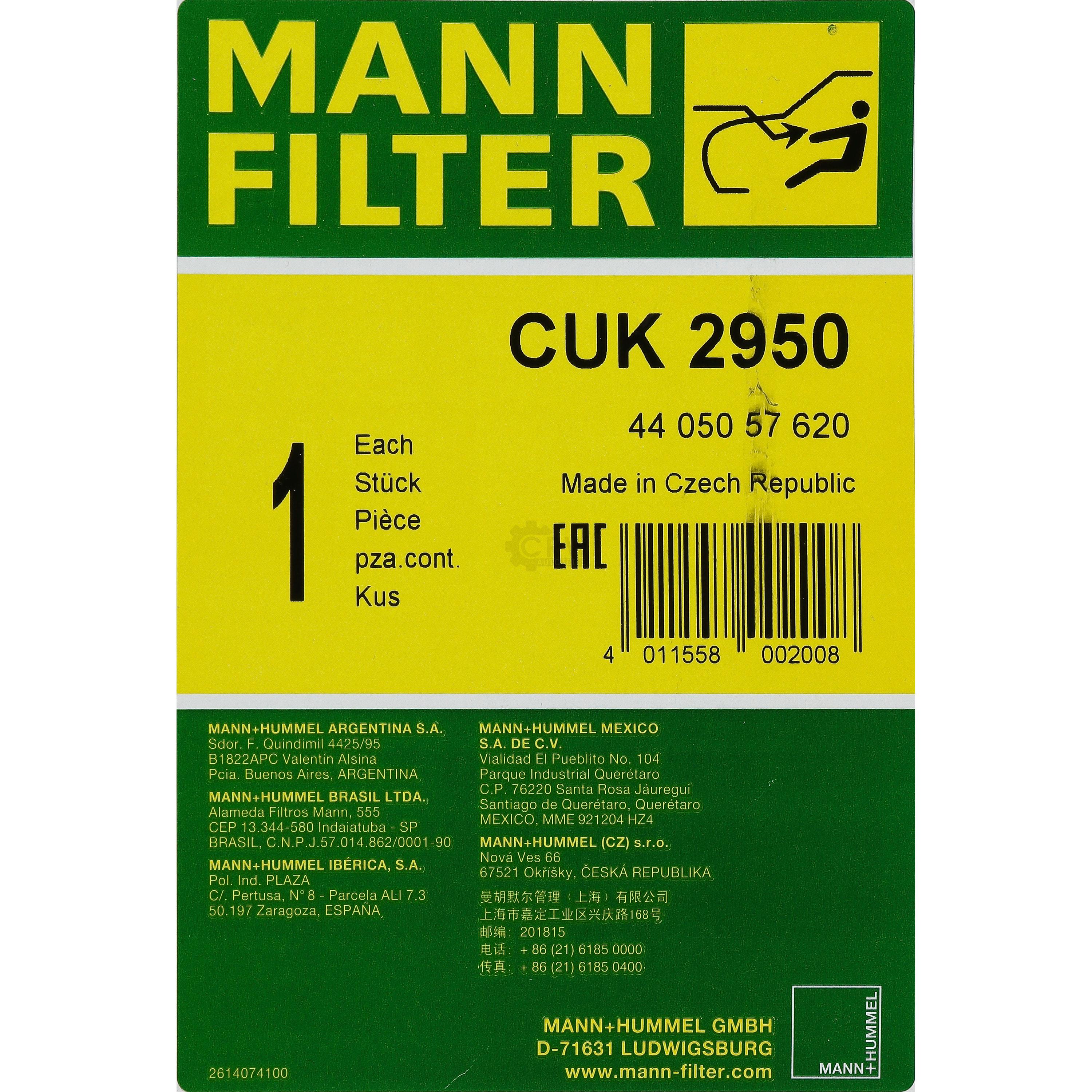 MANN-FILTER Innenraumfilter Pollenfilter Aktivkohle CUK 2950