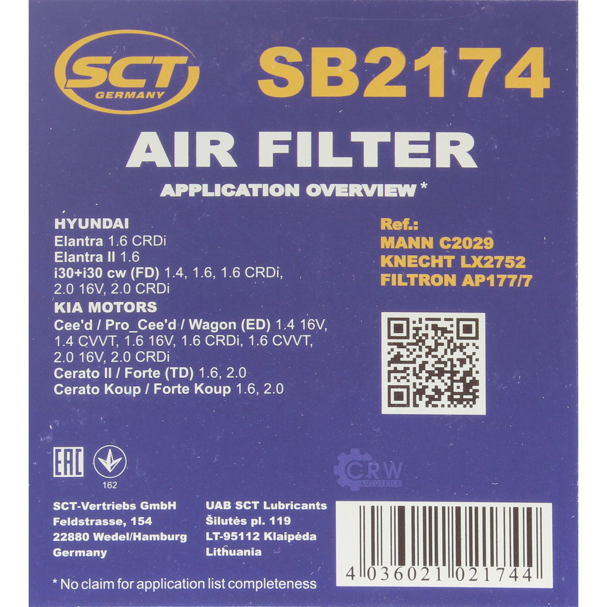 Luftfilter SB 2174 für KIA Cee'D Schrägheck ED JD Hyundai i30 Kombi FD HD